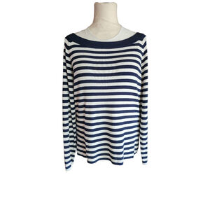 Chico's Sweater Size 3 XL Navy Blue & White Striped Boat Knit Stretch Nautical